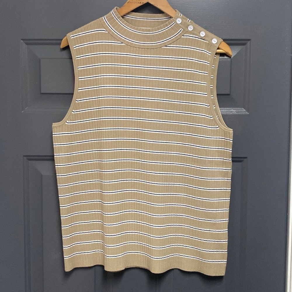 Talbot's tan white and black striped sleeveless mock neck sweater tank XL NWT - Picture 4 of 6